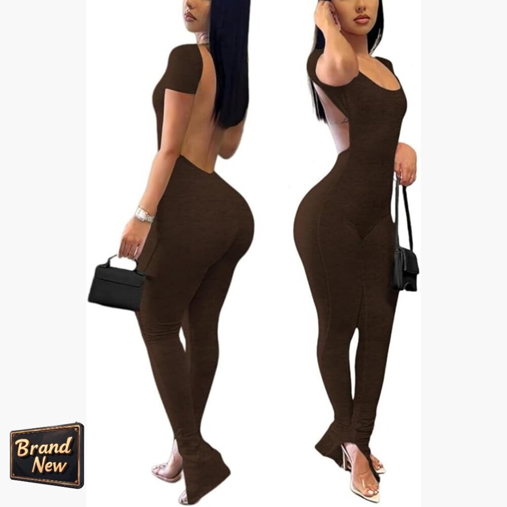 Slim Fit Backless Jumpsuit High Waisted Short Sleeve Bodycon Catsuit